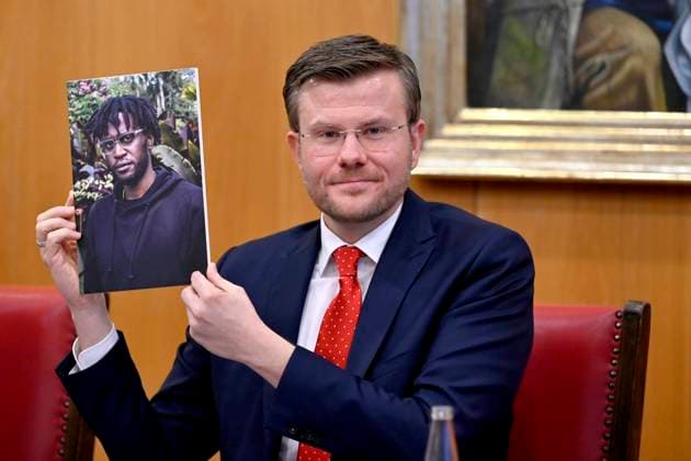 Bavaria, Mayor Marcus König presents award winners of the Nuremberg Human Rights Award Malcolm Bidali