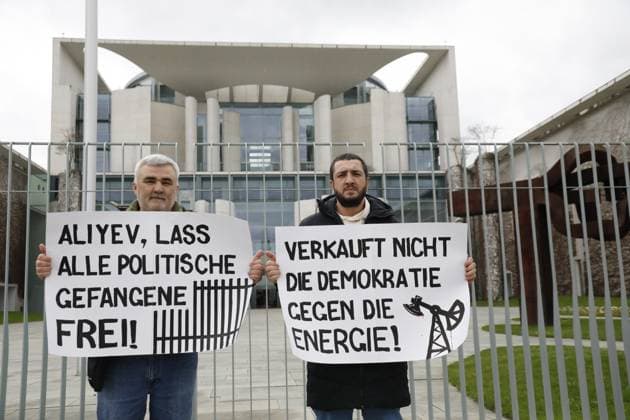 Berlin, Protest against Azerbaijans President Ilham Aliyev in front of the Chancellery