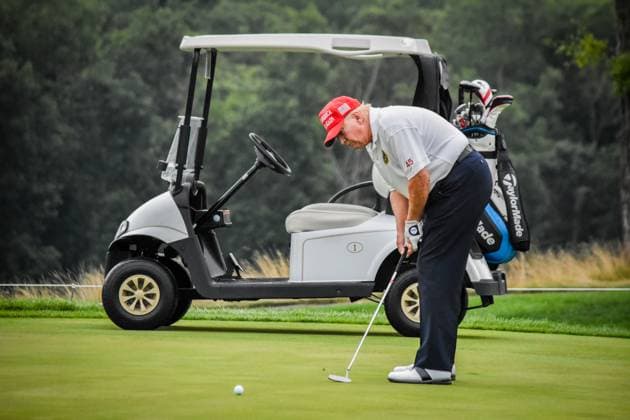 USA, Donald Trump plays golf at the LIV Golf tournament in Bedminster, New Jersey