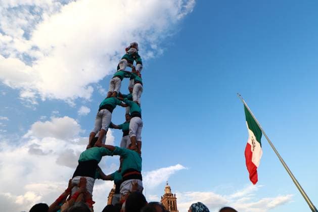 Mexico, The Castellers of Vila Franca form 8 metre high human tower in Mexico City