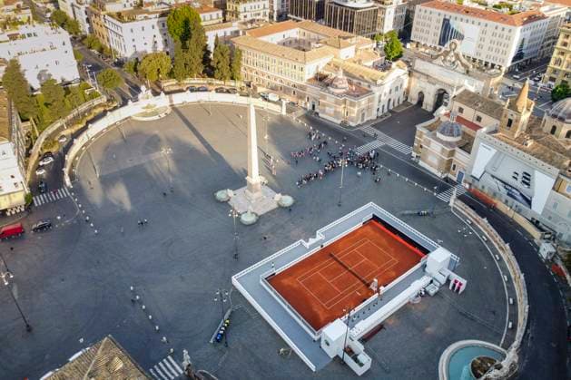 Rome, tennis court on the Piazza del Popolo advertises the Italian Open