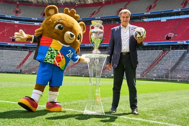 Munich, Markus Söder Press event for Euro 2024 with European Championship trophy and European Championship mascot