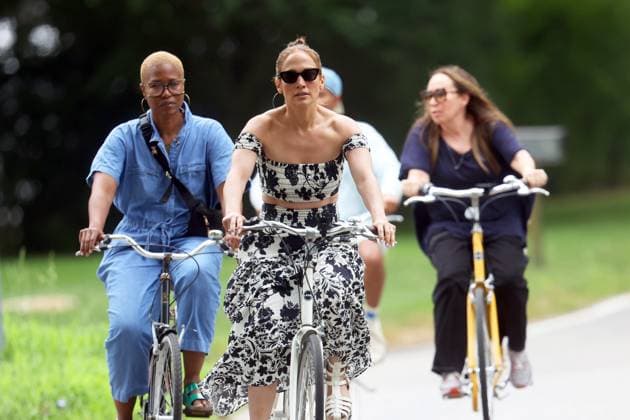 Jennifer Lopez cycling in the Hamptons in New York