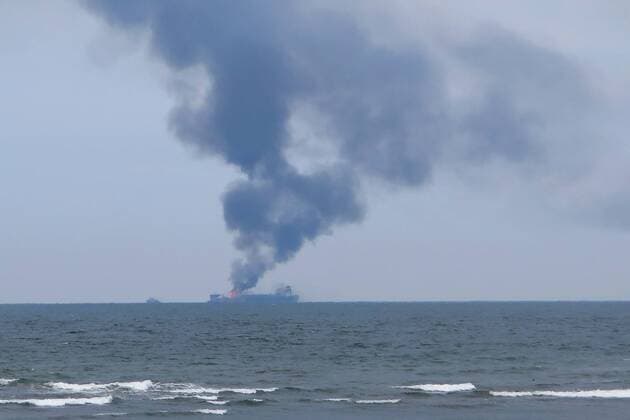 Burning oil tanker Burgos off the coast of Mexico
