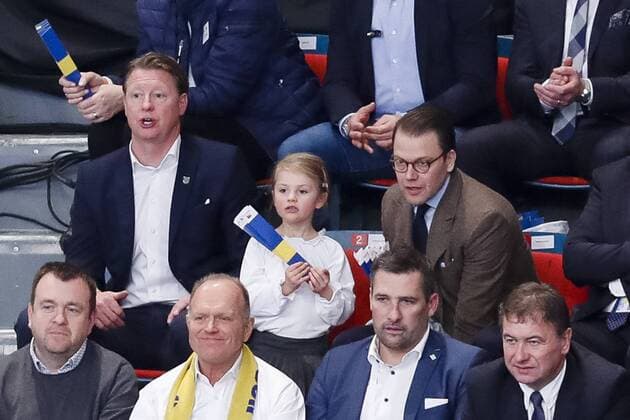 Prince Daniel of Sweden with Princess Estelle at the Handball EM