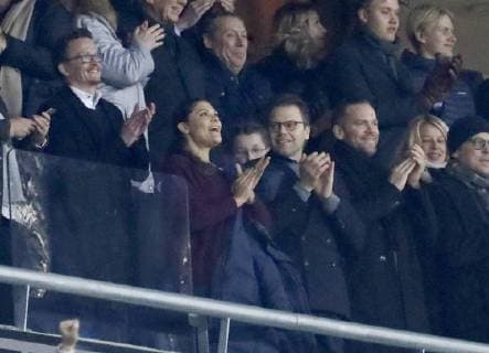 Swedish Crown Prince and Crown Princess visit football match between Sweden and Italy