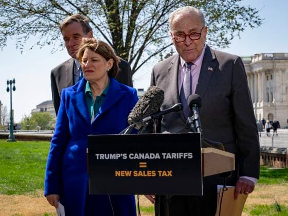 USA, Press conference of Democratic senators against Donald Trumps tariffs on Canada in Washington