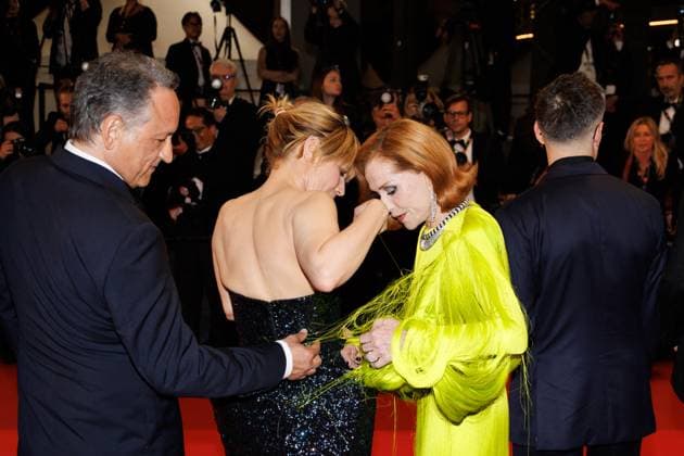 Cannes International Film Festival, dress mishap with Isabelle Huppert and Marina Fois