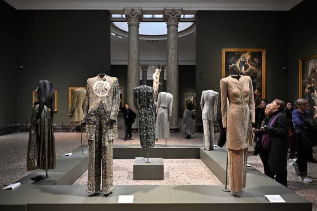 Italy, Clothing designed by Giorgio Armani in the Pinacoteca di Brera in Milan