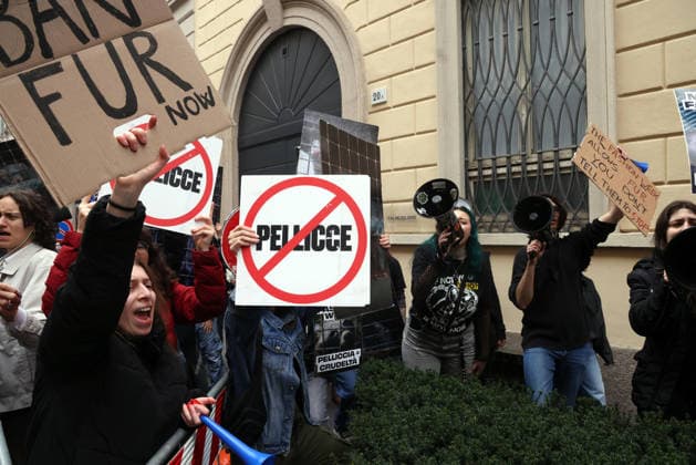 Milan Fashion Week, protest against fur on the sidelines of the Giorgio Armani fashion show