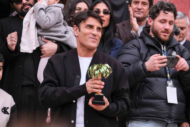 Sal Da Vinci celebrates his win at the Sanremo Festival in Naples
