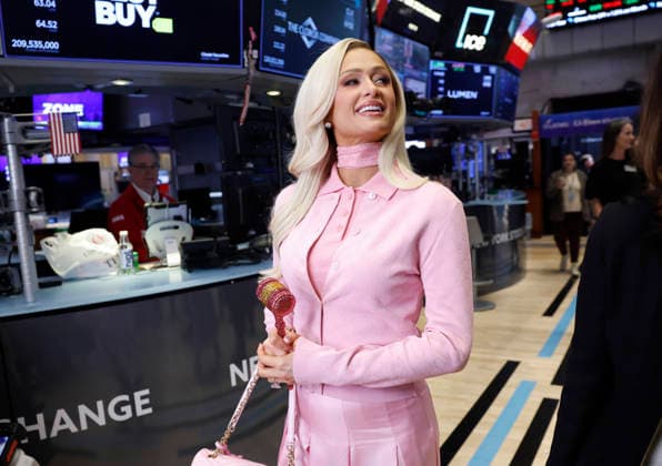 Paris Hilton rings the closing bell for International Women's Day at the New York Stock Exchange