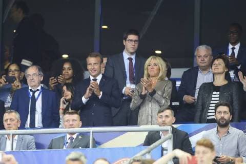 Paris, President Macron and wife visit national football team match
