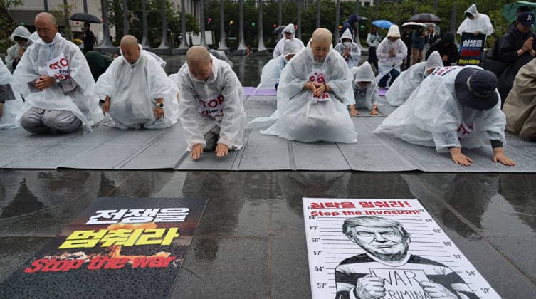 South Korea, Jogye monks and activists pray for peace in front of US embassy, Seoul