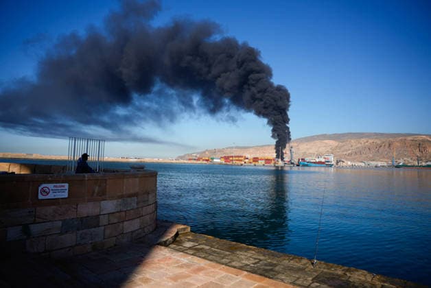 Spain, fire in the port of Almeria at the Pechina dock
