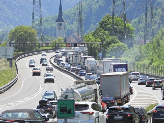 Switzerland, traffic jam on the Gotthard motorway