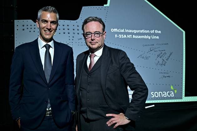 Belgium, Prime Minister Bart De Wever speaks at Sonaca on the new F-35 production line