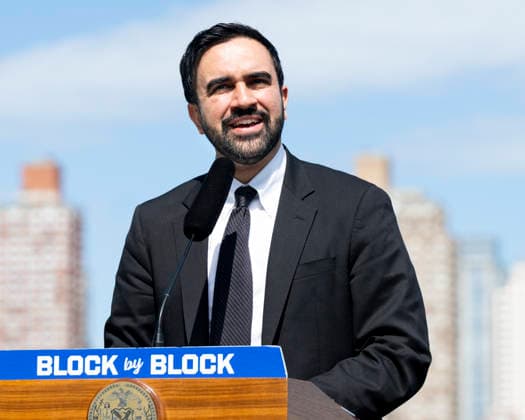 USA, Zohran Mamdani speaks about housing construction at press event in Queens, New York