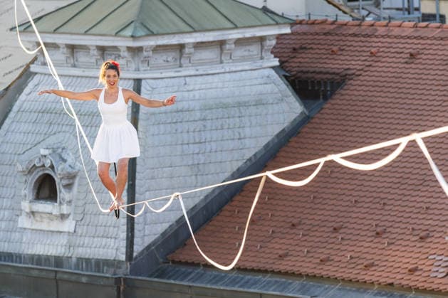 Croatia, tightrope walk above Ban Jelacic Square in Zagreb