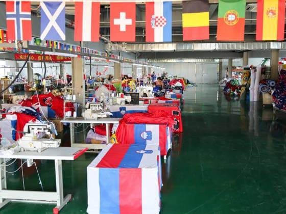 China, production of flags for the Football World Cup in Qingdao factory