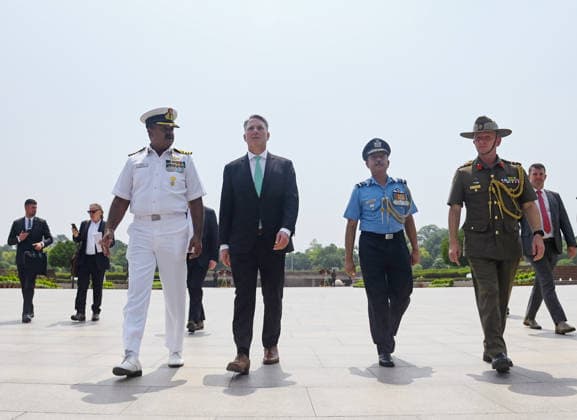 India, Richard Marles after laying a wreath at the National War Memorial in New Delhi
