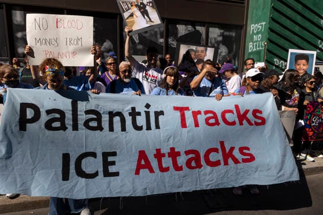 USA, protests on the fringes of the Palantir Annual General Meeting in New York