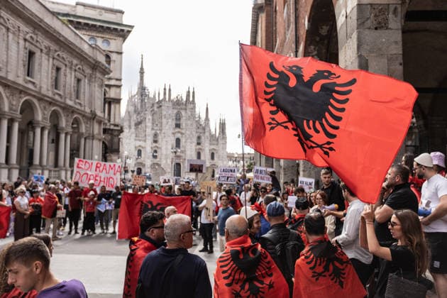 Italy, Milan, Demonstration to protect the Vjosa Delta in Albania against luxury tourism project