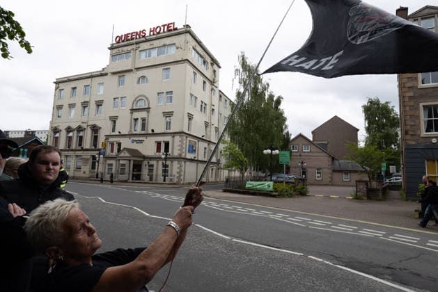 Scotland, Perth, protests outside hotels with asylum seekers: anti-migration demonstration and counter-protest