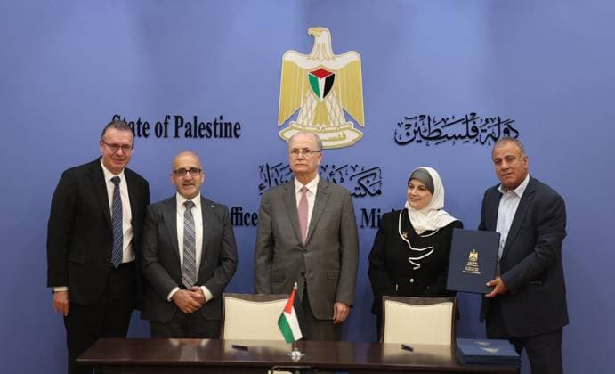 Middle East conflict, West Bank, Palestinian Prime Minister Mohammad Mustafa signs funding agreements in Ramallah