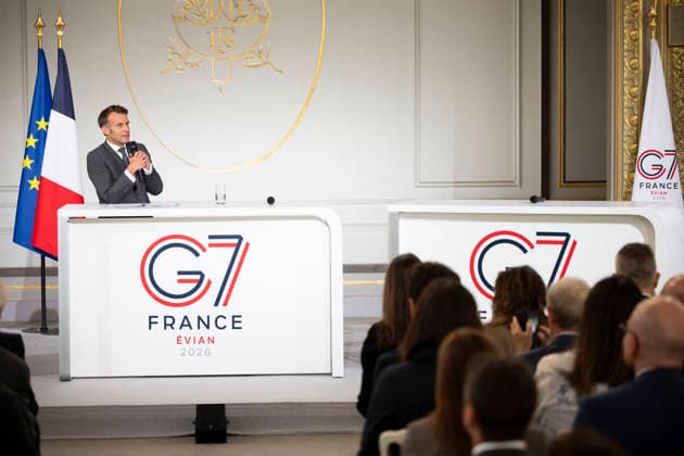 France, Emmanuel Macron at a meeting with the G7 engagement groups in Paris
