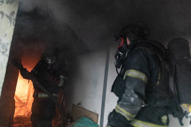 Ukraine war, fire brigade in action after Russian drone attack in Druzhkivka