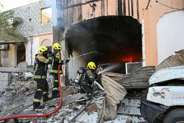 Middle East conflict, Bahrain, fire extinguished by debris from intercepted drones in Hamad Town