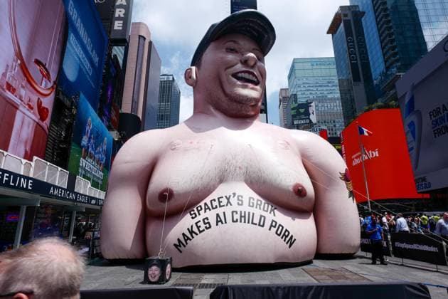 New York, inflatable Elon Musk figure in Times Square criticises Grok AI chatbot