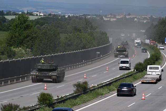 Czech Republic, tanks on the D35 motorway in the Olomouc region