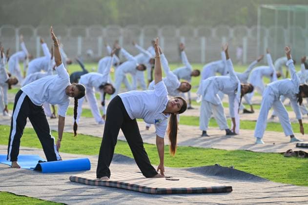 India: Yoga session ahead of the 12th International Yoga Day in Gurugram