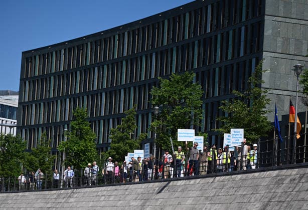 Germany: Cargo ship blocks the River Spree during a demonstration in Berlin