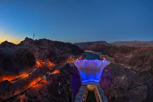 USA, Illumination of the Hoover Dam to mark the 250th anniversary of the Declaration of Independence near Boulder City