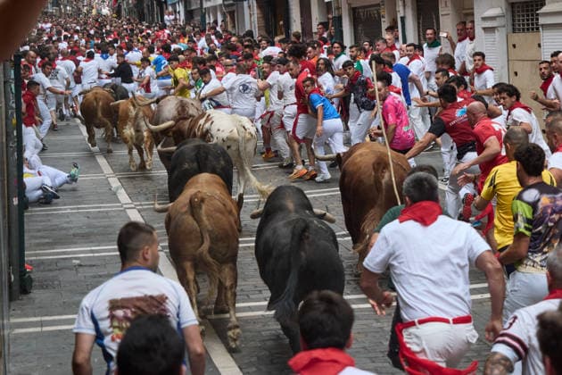 Spain, bull run as part of the San Fermín Festival in Pamplona