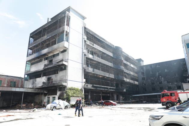 China: Damage following a fire at a shoe factory in Jinjiang