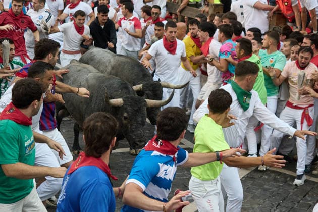 Spain, bull run as part of the San Fermín Festival in Pamplona