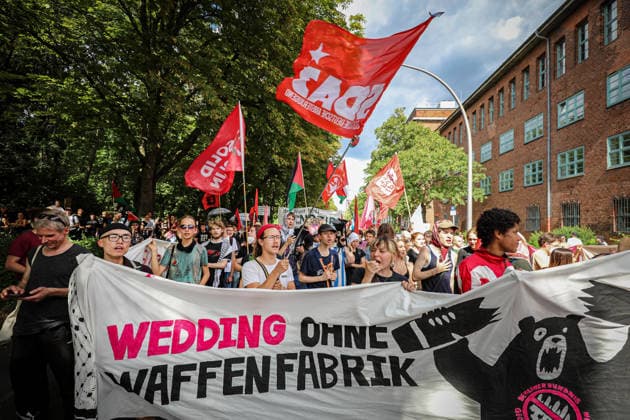 Berlin: Protest against arms production outside the Rheinmetall factory in Wedding
