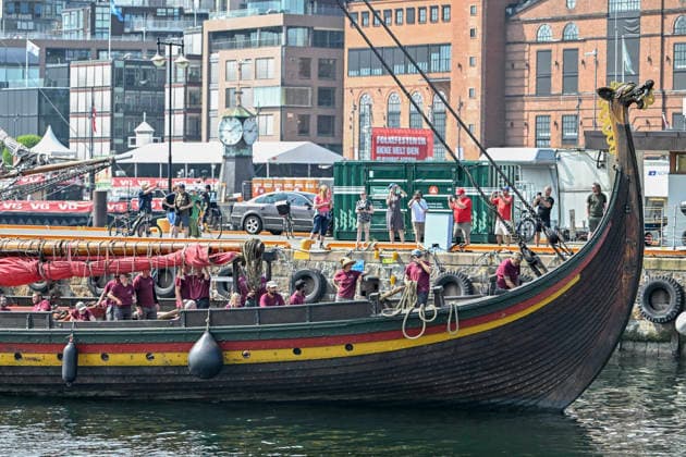 Norway, the Viking ship Draken Harald Harfagre off the coast of Oslo
