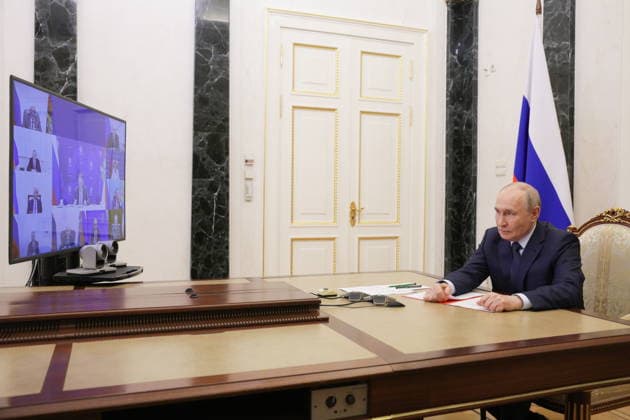 Russia, Vladimir Putin during a video conference in Moscow
