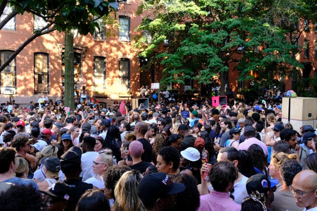 USA, Saint James Joy dance block party in Clinton Hill, Brooklyn, New York City