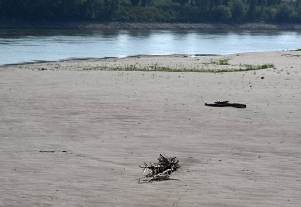 Italy, low water levels in the River Po near Mantua