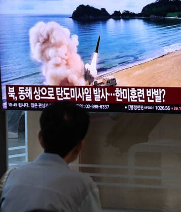 South Korea: Television in Seoul shows the launch of a ballistic missile in North Korea