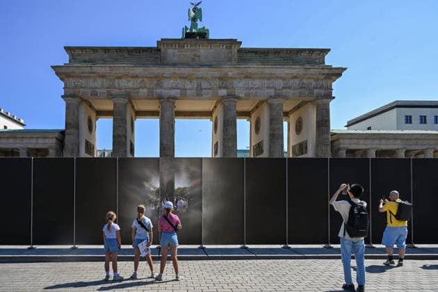 Berlin, an installation at the Brandenburg Gate to mark the 65th anniversary of the construction of the Berlin Wall
