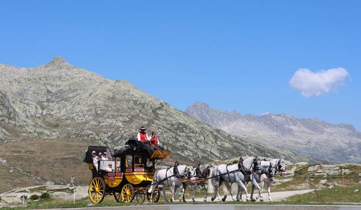 Switzerland, Historic Gotthard Post Coach Ride via the Tremola from Andermatt to Airolo