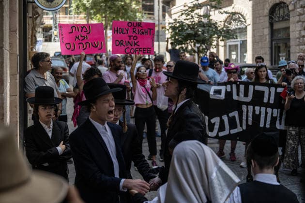 Israel: Ultra-Orthodox Jews protest against a café in Jerusalem