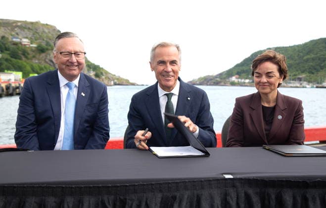 Canada: Mark Carney with Tony Wakeham and Christine Frechette at the signing ceremony for energy projects in St John’s